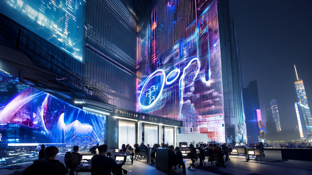 Developers discussing AI-driven customer acquisition solutions in a high-tech skyscraper with a bustling city night view in the background.