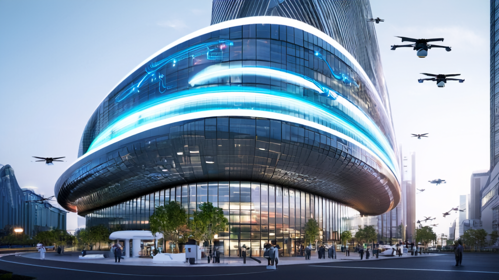 In a futuristic city business district, a high-tech office building showcases AI-driven customer acquisition solutions and interactive smart robots.