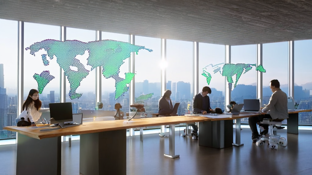 A team in a modern office discussing how to optimize overseas marketing with AI-driven acquisition systems