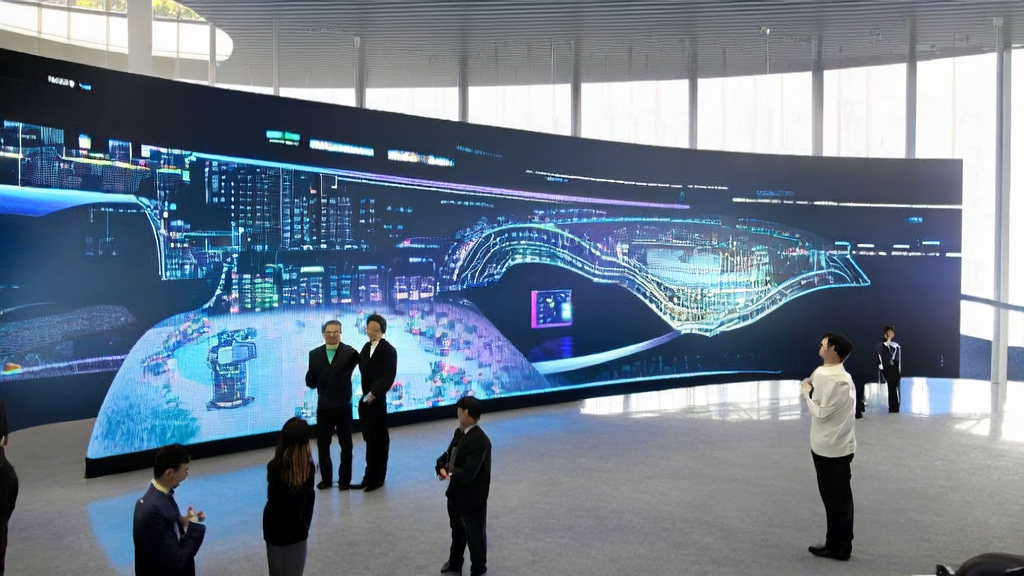 Depicts a 3D virtual world generated by Genie 3, with employees interacting in real-time using gestures and voice commands to simulate B2B product usage scenarios