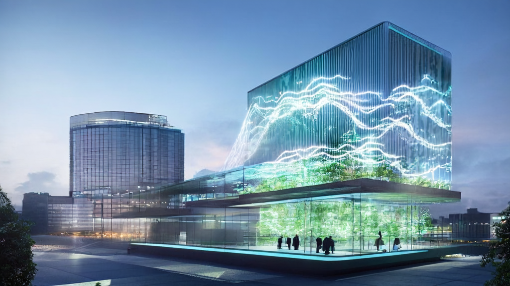 In a modern office building in a futuristic city, staff are using AI tools to optimize their cross-border e-commerce platform, with screens displaying data on keyword optimization, email marketing, and more, while sunshine streams through the windows.