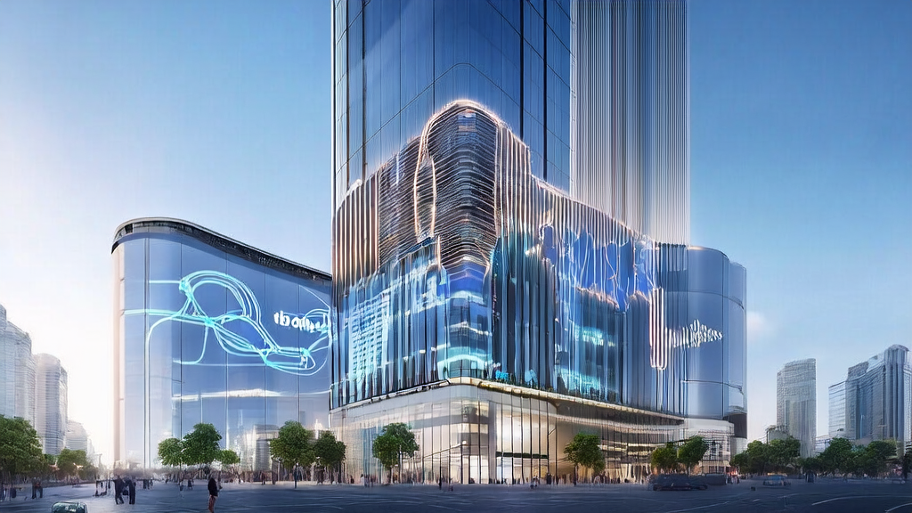 Modern independent station office building showcasing the latest AI-driven customer acquisition solutions and statistics in a futuristic city