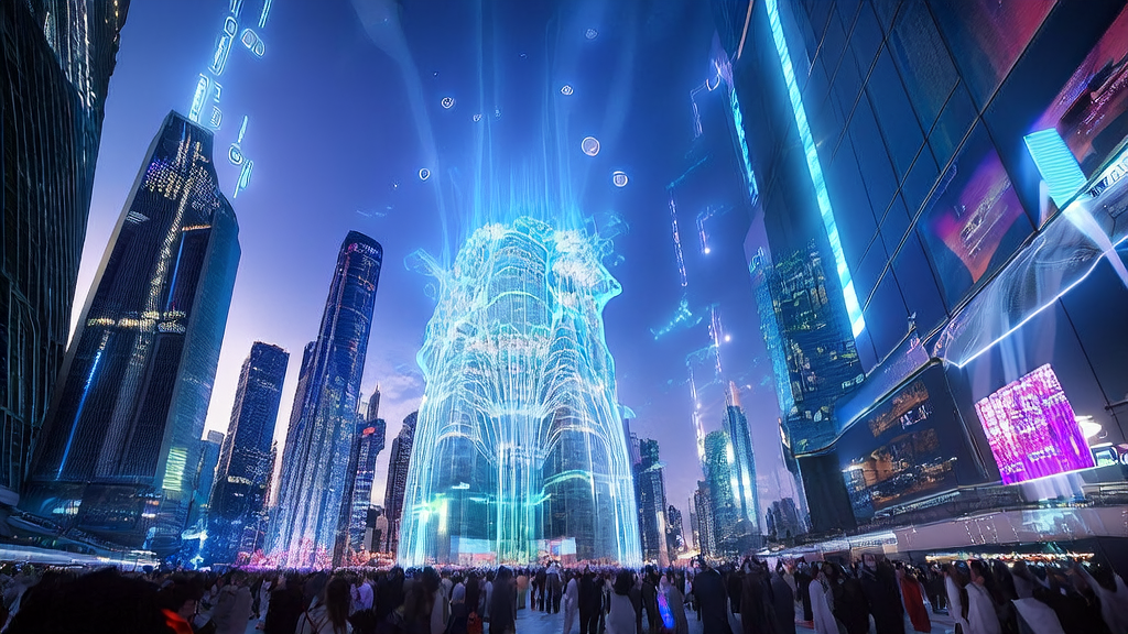 AI-driven ad optimization system in a futuristic city, precisely targeting audiences and reducing CPA