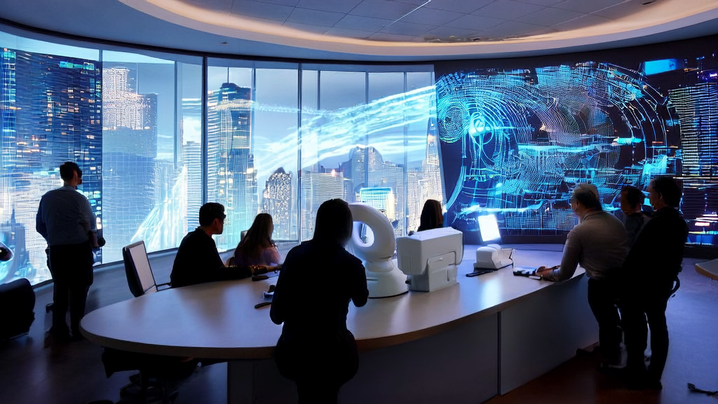 Engineers discussing AI-driven ad optimization strategies in a high-tech office