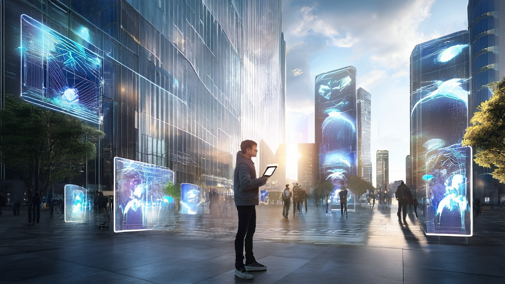 Smart billboards in a futuristic city adjust ads based on pedestrian behavior, while an entrepreneur analyzes AI-driven advertising data on a tablet