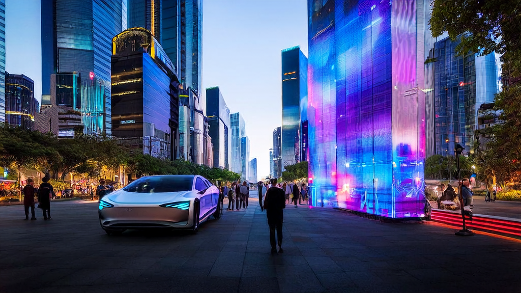 未来城市的天际线中，AI驱动的广告投放展示着特斯拉Cybercab和Optimus V3机器人，吸引行人驻足观看。