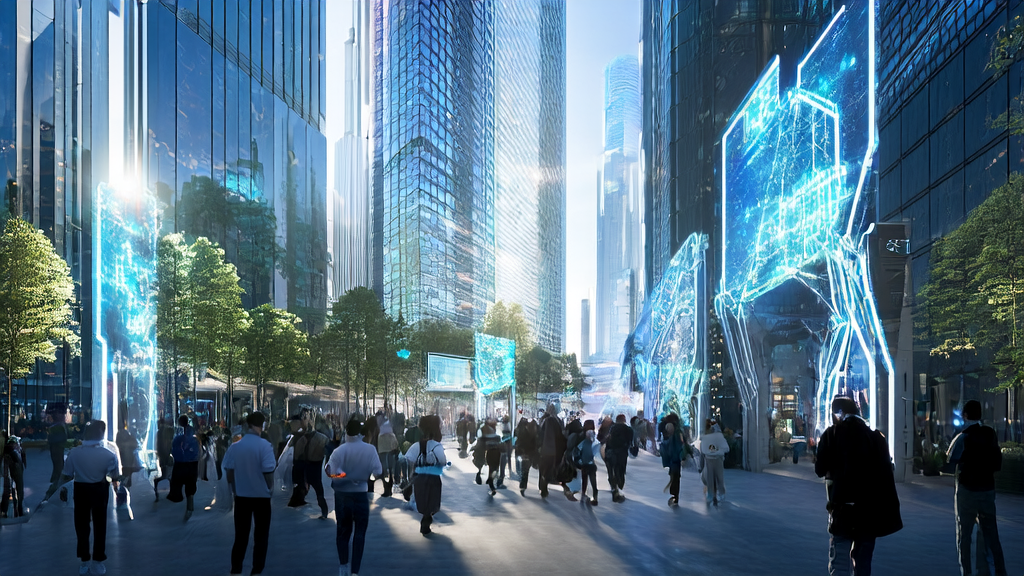 A futuristic city street where AI-driven targeted ads are displayed in real-time, and a smart robot interacts with pedestrians to recommend products.