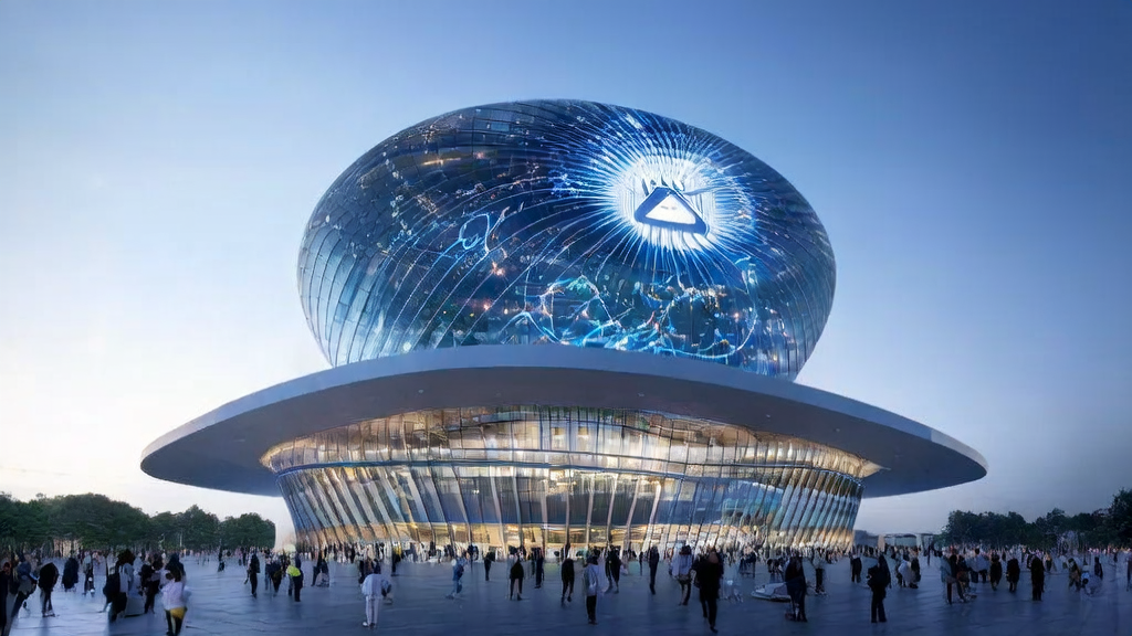 A futuristic city square showcasing Geostar's GEO strategy ads, with people interacting with AI virtual assistants