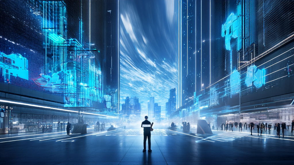 AI-driven advertising system in a futuristic city, showcasing high-precision reach and cost reduction