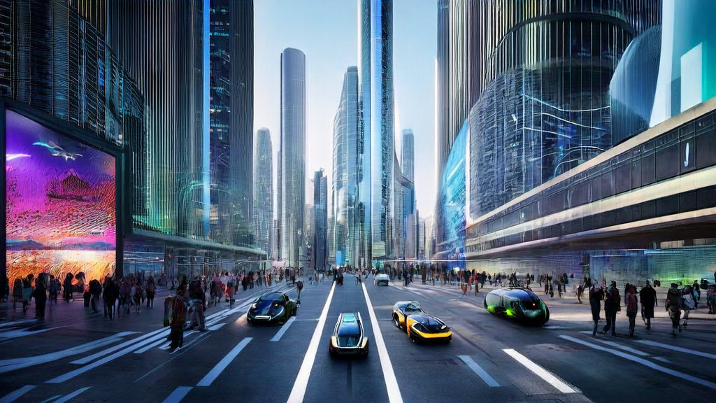 AI-driven precise advertising in 2025, showcasing smart vehicles and dynamic ads in a futuristic cityscape