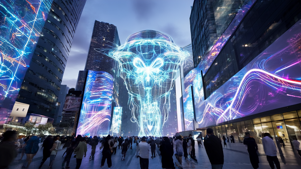 AI-driven advertising screen in a futuristic city, with a virtual assistant recommending personalized ads based on user needs