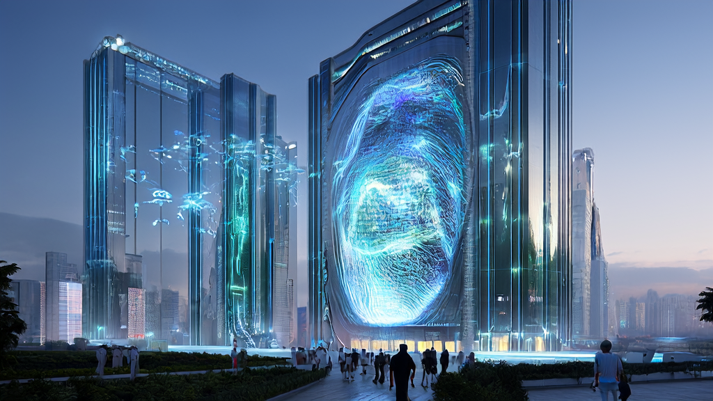 未来城市的AI驱动广告投放中心，展示实时数据分析和智能机器人工作场景