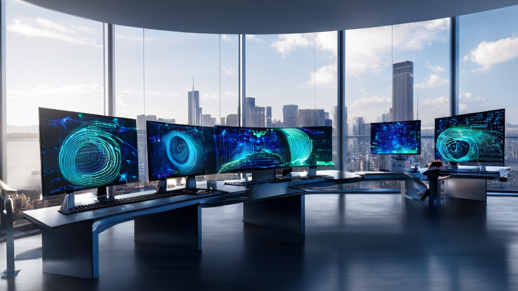 In a modern office, programmers are optimizing advertising strategies using AI technology, with real-time data and performance analysis displayed on the screens.