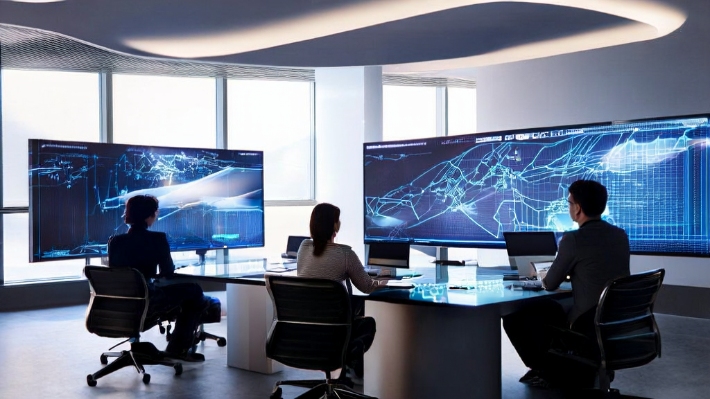 A modern office bathed in sunlight, where employees are discussing AI-optimized advertising strategies with real-time data charts and performance metrics of Microsoft's VibeVoice 0.5B model in the background.