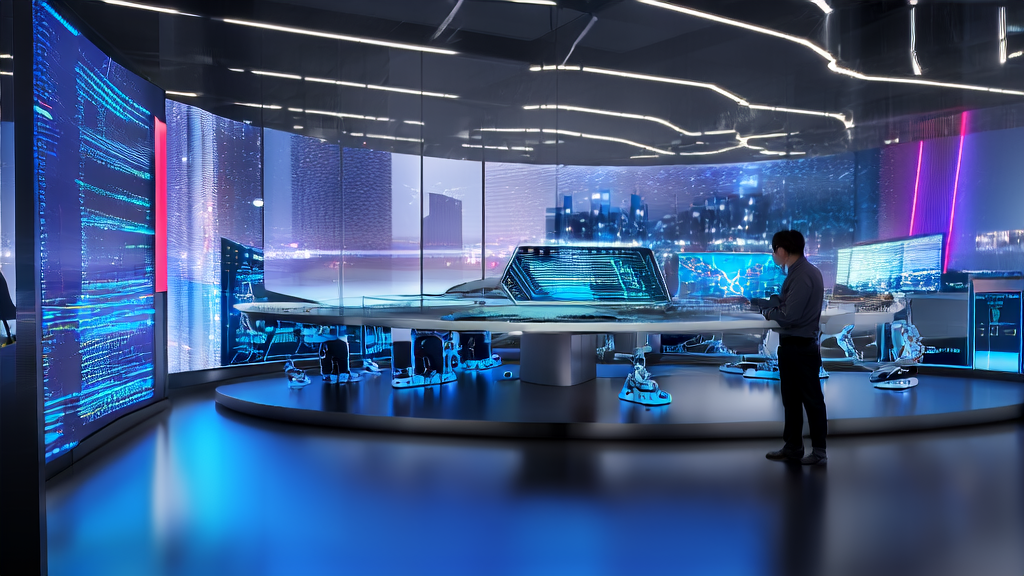 AI-driven advertising system being optimized in a modern office, with engineers fine-tuning strategies to reach target users precisely and reduce CPA.