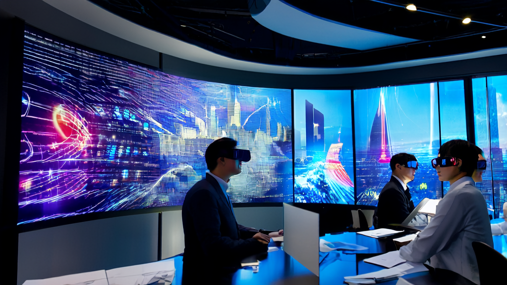 Modern office scene showcasing AI-driven advertising optimization, featuring data analysis, CPA reduction charts, and news of Musk's legal victory