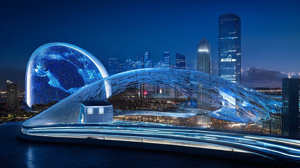 A futuristic city's advertising optimization center using AI technology for real-time data analysis and ad optimization