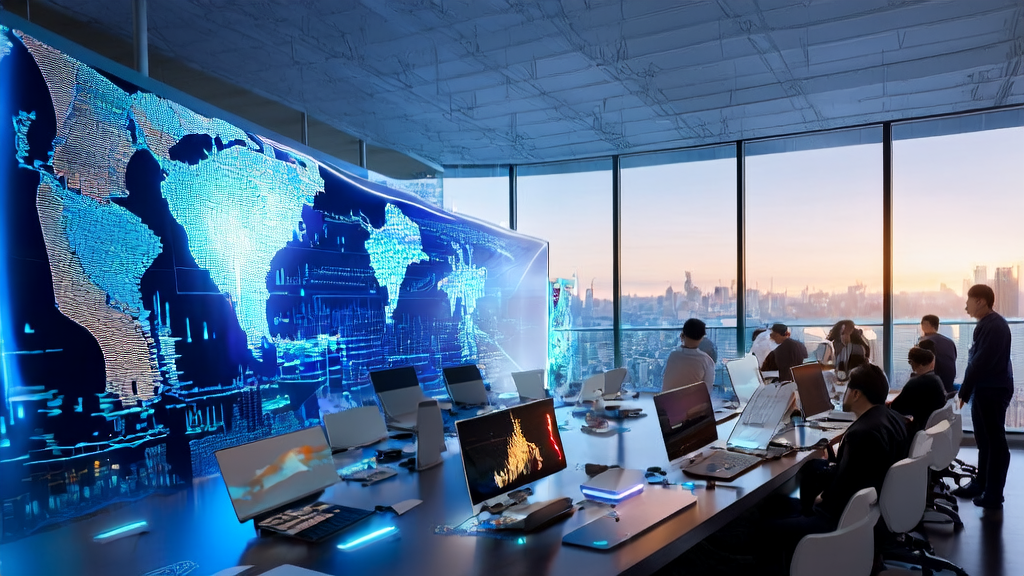 工程师们在现代办公室中利用AI技术优化广告投放策略，实现高效的目标人群触达和成本控制