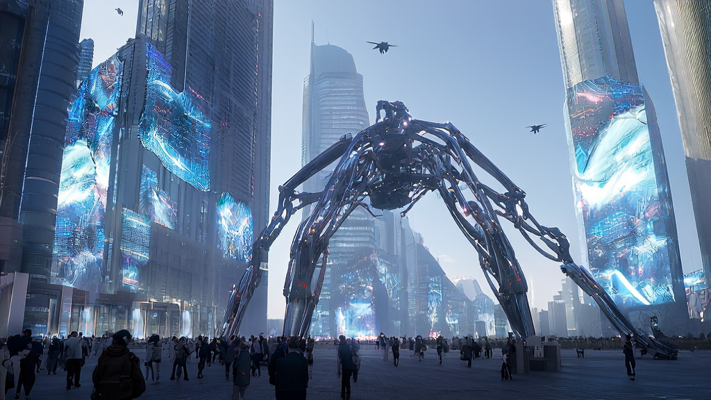 AI robot controlling ad screens in a futuristic city, showcasing AI-driven advertising optimization technology