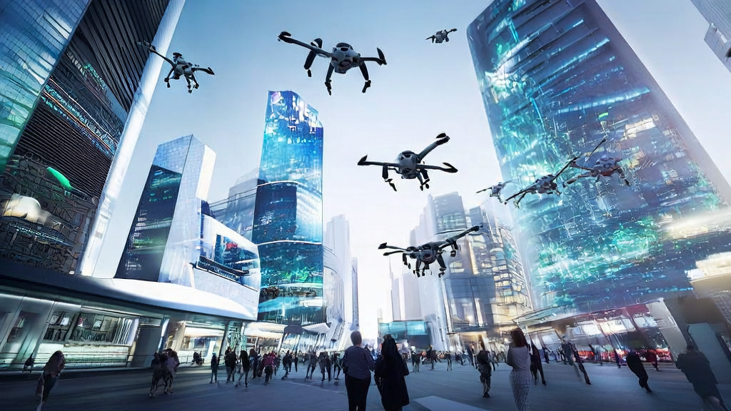 A futuristic city street where intelligent robots and drones are demonstrating Lenovo's Super Intelligence advertising placement features