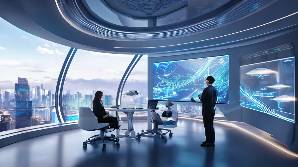 未来办公室中展示AI驱动的精准广告投放技术,包括PayPal与OpenAI的合作成果