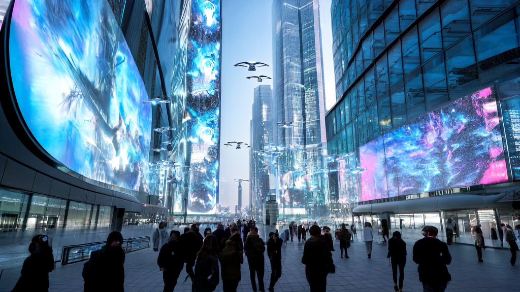 未来城市中的AI驱动广告投放优化，展示高科技广告牌和无人机精准推送个性化广告。