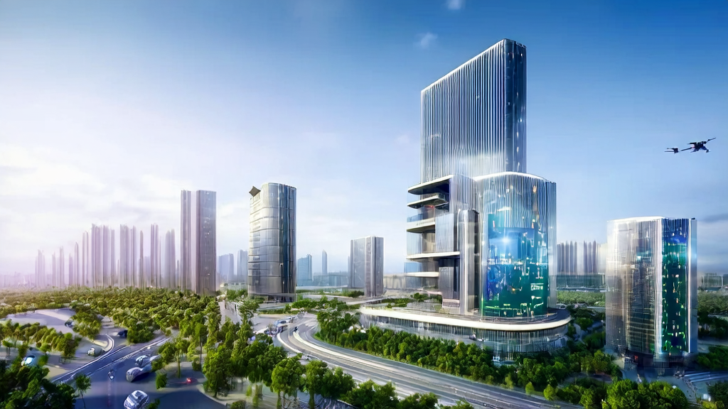 未来城市的Lighthouse科技园区，展示AI驱动的广告优化和实时数据分析