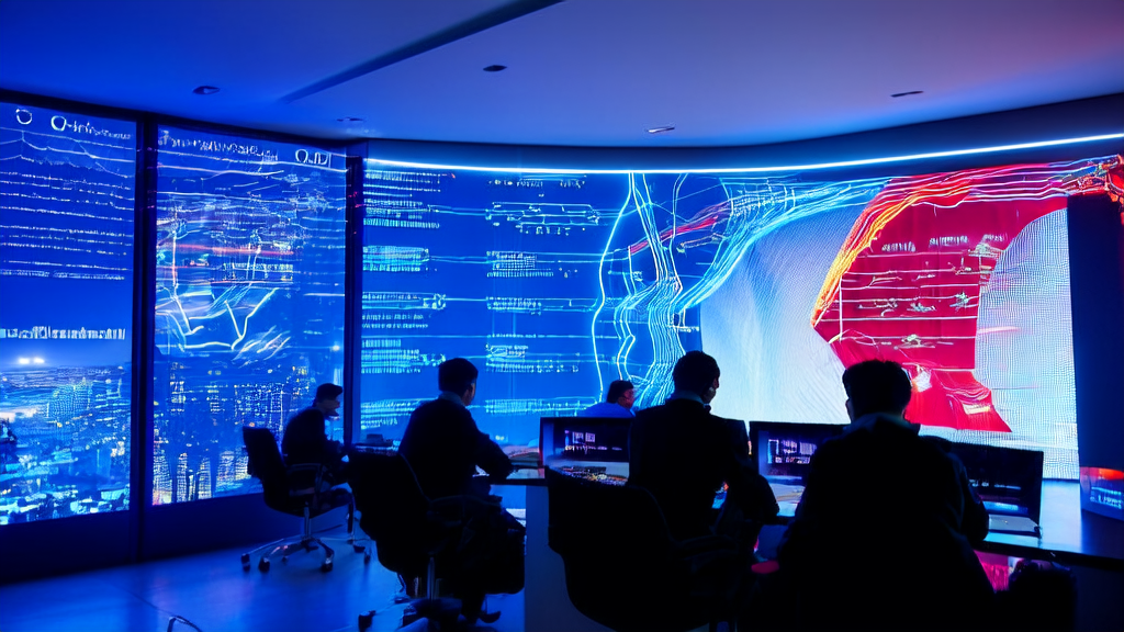 A futuristic office where programmers use ByteDance's AI programming tool Trae for optimizing advertising campaigns