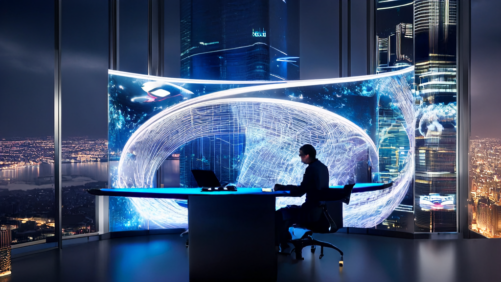 广告策划师使用AI技术进行精准广告投放，周围环绕着数据分析和用户画像，背景为繁华都市景观。