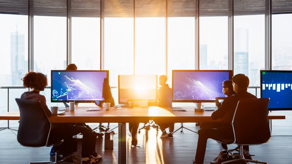 现代化办公室中，年轻的创业者们使用AI技术优化广告投放，降低CPA并提升广告效益。