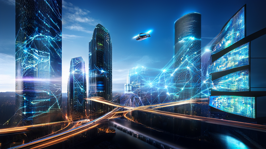 AI-driven advertising optimization strategy, showcasing a future city scene where people use AI technology to achieve precise marketing and reduce CPA.