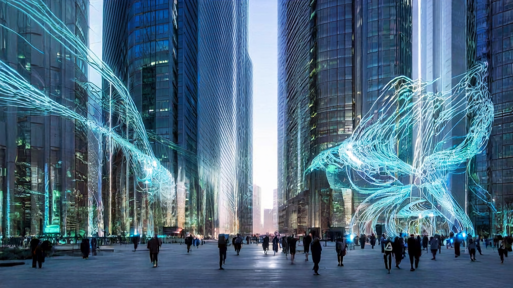 AI-driven advertising optimization in a futuristic city, precisely targeting audiences and reducing CPA