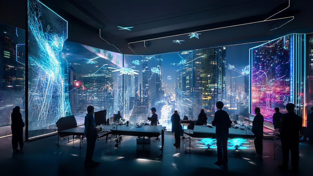 未来城市的高科技广告投放场景，展示AI客户预测模型的应用