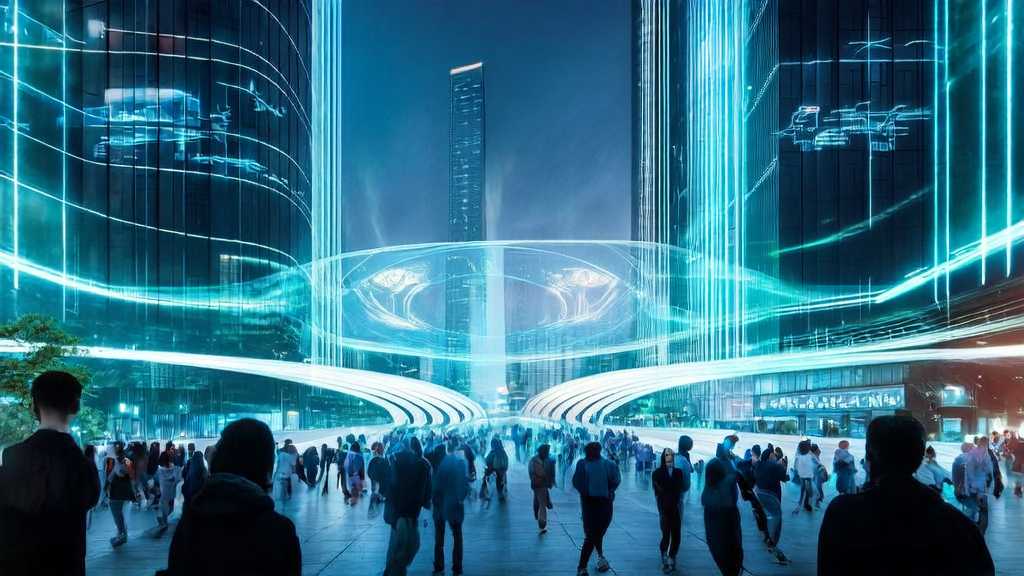 Smart billboards and interactive screens in a futuristic city showcasing AI-driven advertising strategies and user engagement scenarios