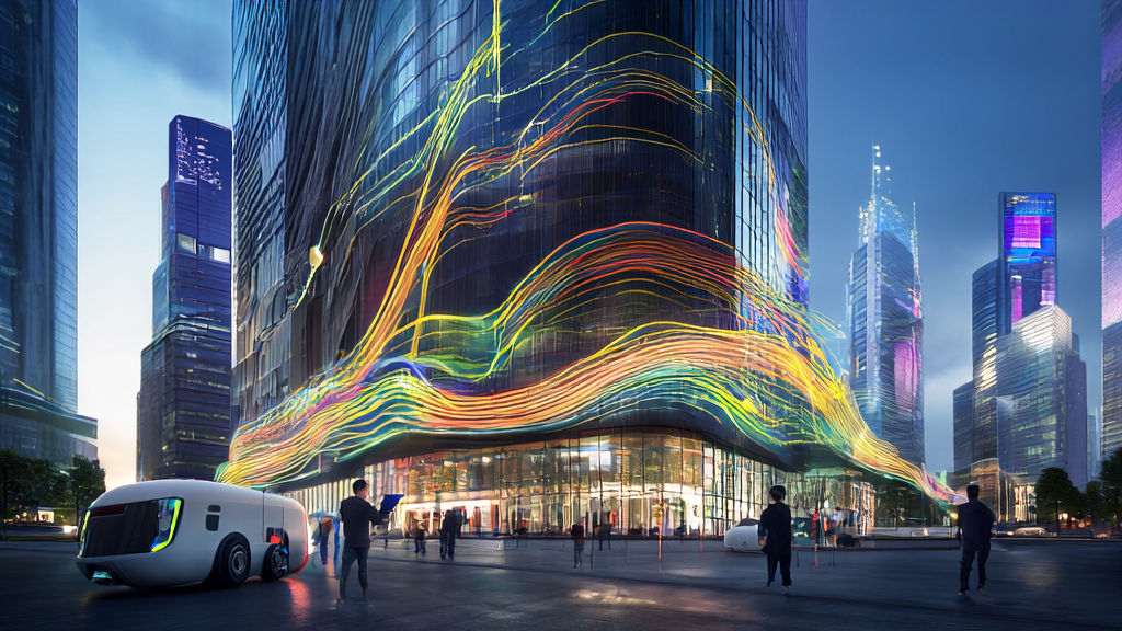 展示了一位创业者在未来的城市中使用AI技术优化广告投放,背景是高楼大厦和飞行的Cybercab,前景是Optimus V3机器人。