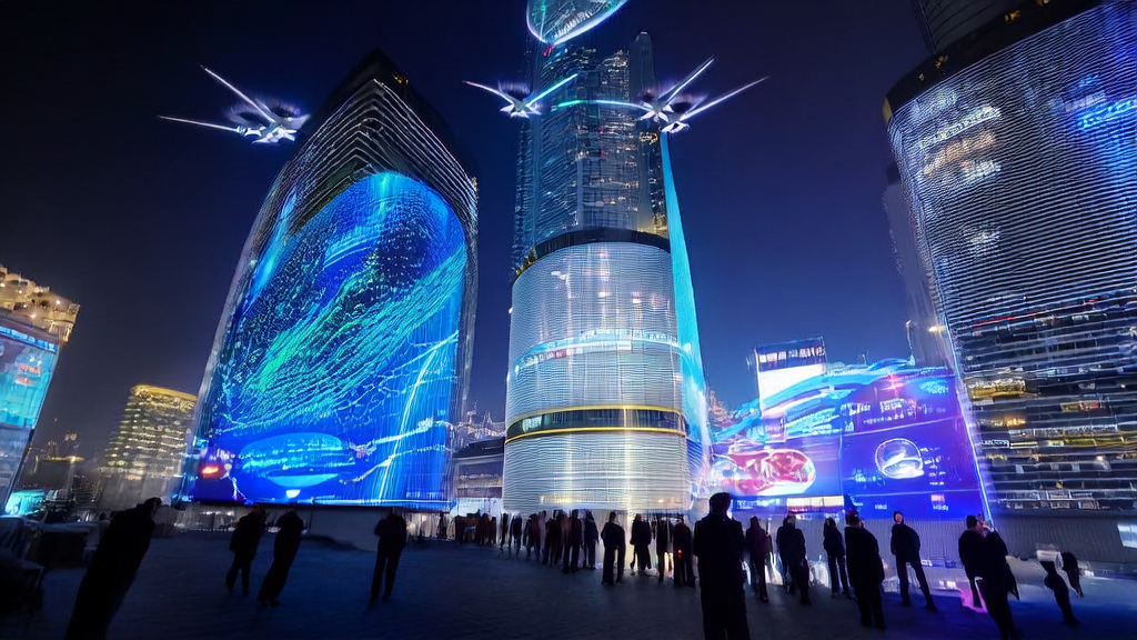 A futuristic city's ad agency using AI technology for precise advertising targeting and cost optimization