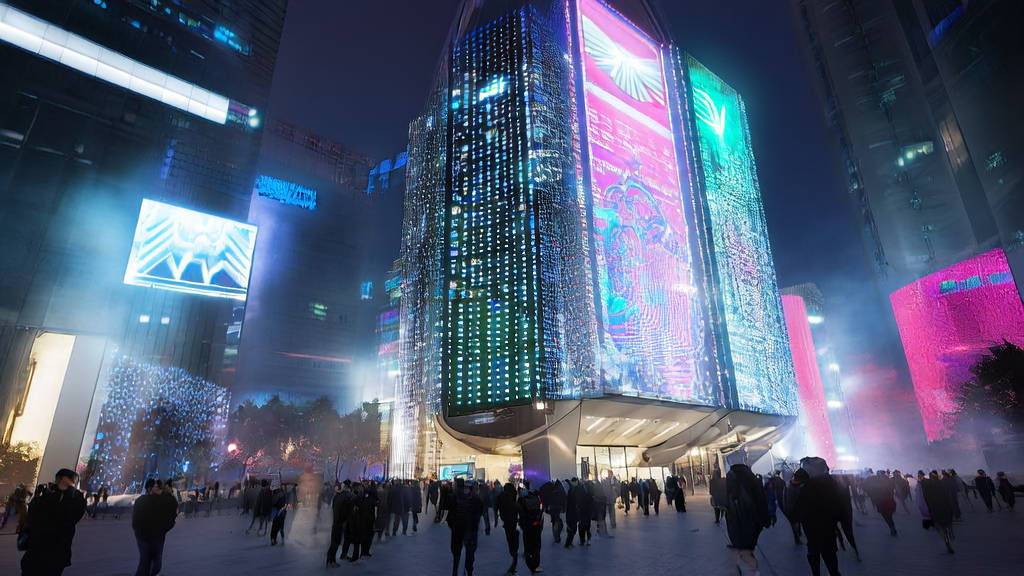 AI-driven advertising tower displaying personalized ads in a futuristic city