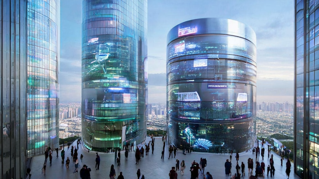 In a futuristic city, Lenovo's AI Super Entity enables seamless cross-device ad delivery, with users interacting via voice and gestures.