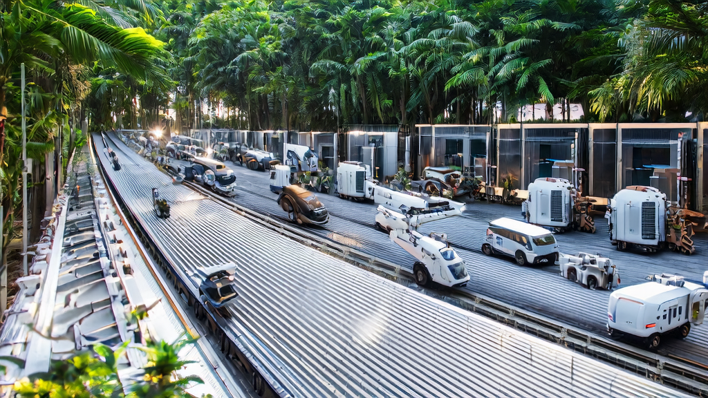 AI-driven logistics in a Southeast Asian e-commerce warehouse with smart robots and autonomous delivery vehicles ensuring efficient order fulfillment.