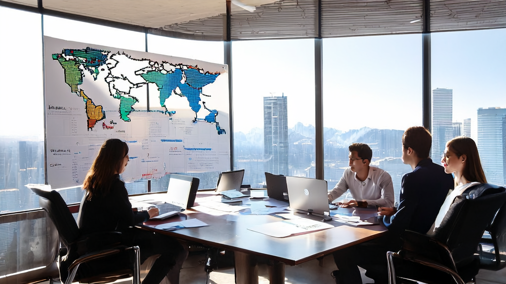 Young entrepreneurs discussing AI customer prediction models and multilingual marketing strategies in a modern office