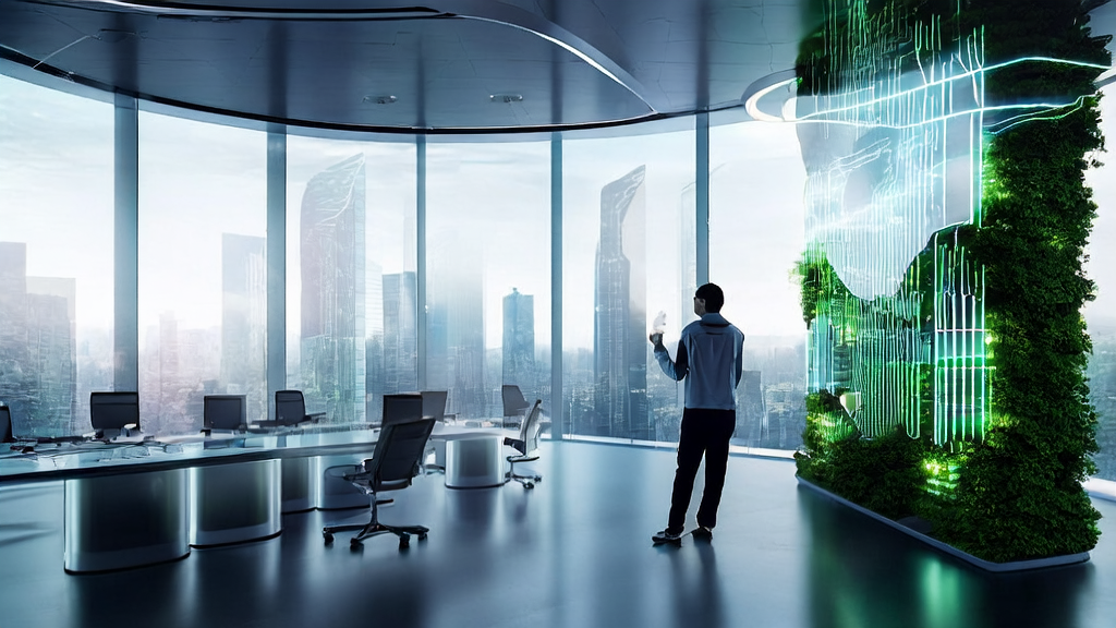 未来科技办公室内，科学家通过手势控制透明屏幕上的复杂数据流，展示AI技术在B2B市场的应用前景。
