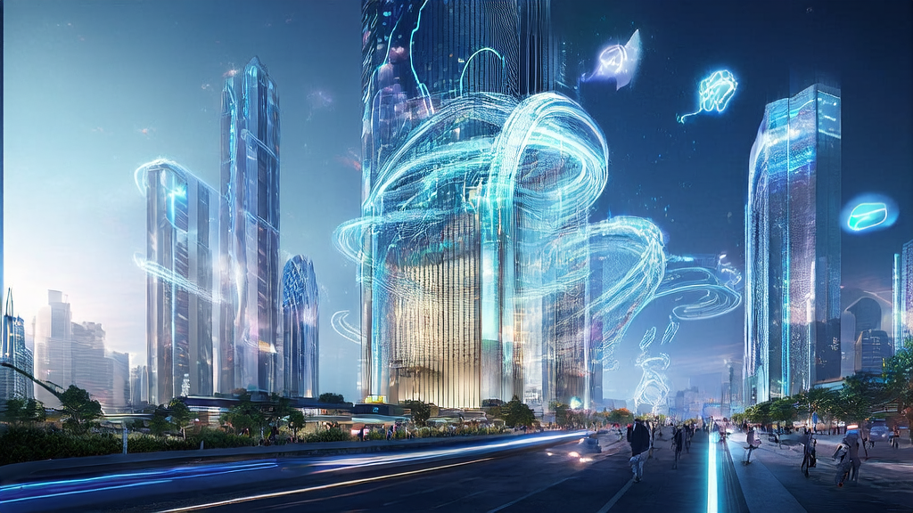 A futuristic city street with a large display showcasing the interaction between DeepSeek and Yuanbao, highlighting the application prospects of AI technology in the B2B market.