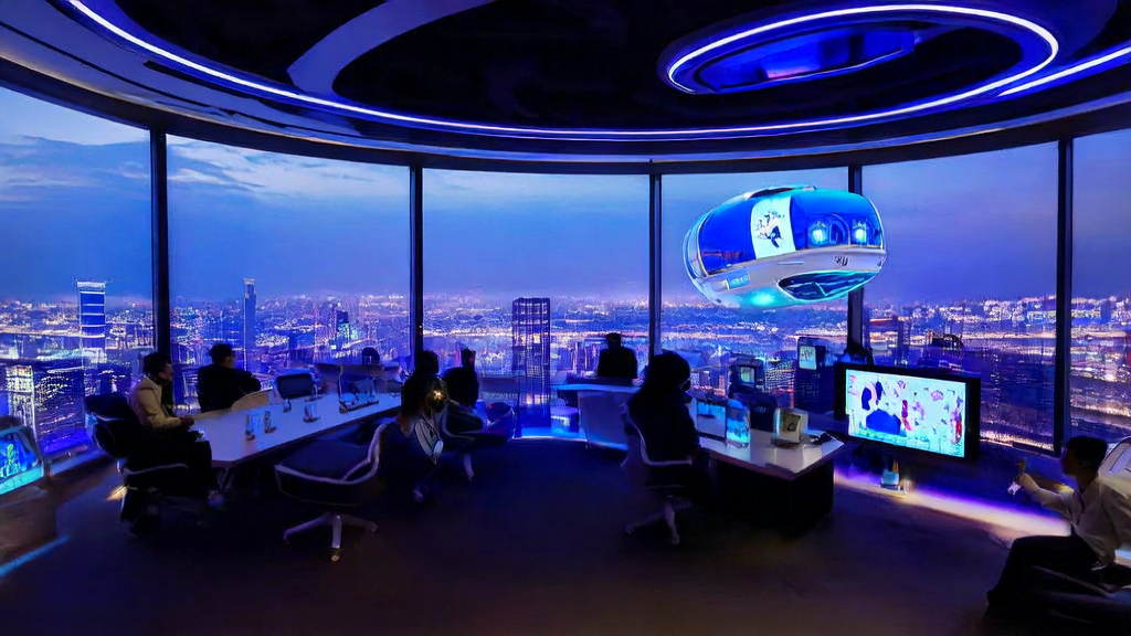 In a futuristic office, employees use AI platforms for data analysis and customer prediction, with an intelligent robot assistant handling background checks.