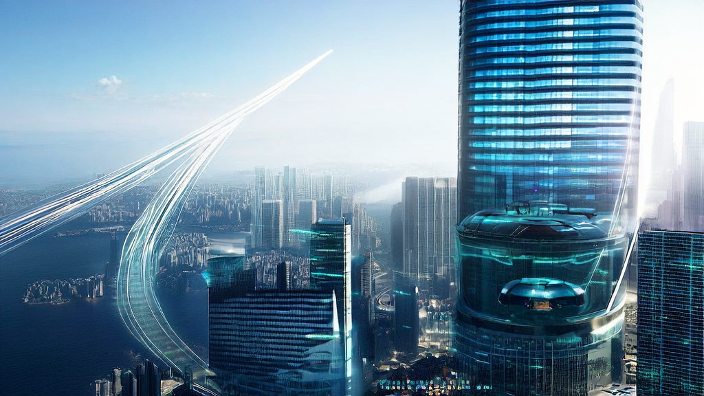 Modern office in a futuristic city showcasing AI-driven B2B customer acquisition solutions