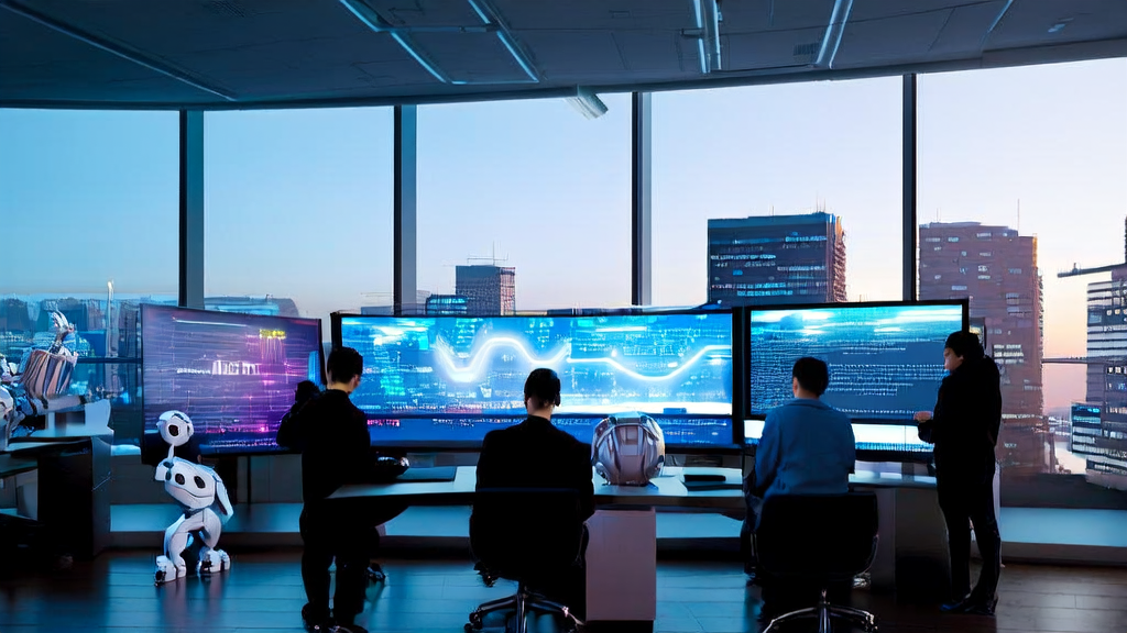 现代化办公室内的程序员们正在研究AI驱动的客户获取策略,背景是繁华的城市天际线。