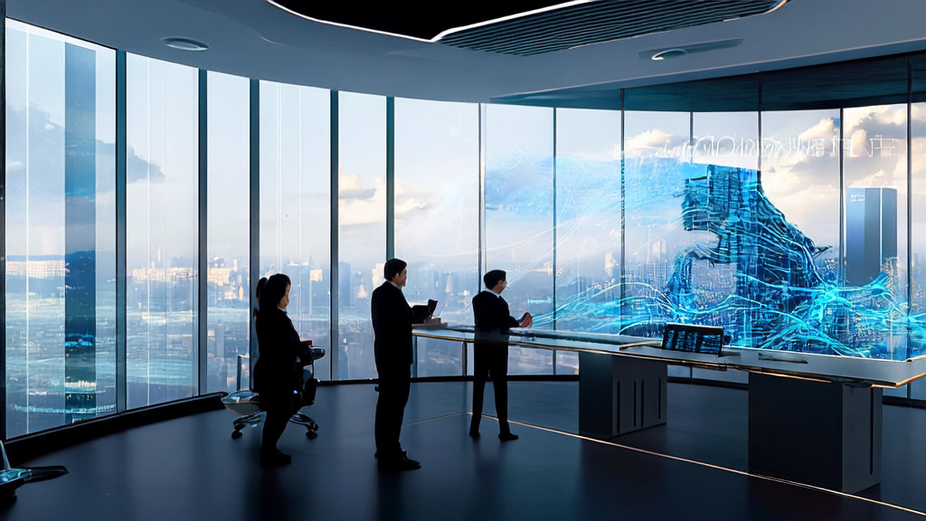 In a modern office, professionals are discussing AI-driven B2B market acquisition strategies, with a bustling city view outside the window.