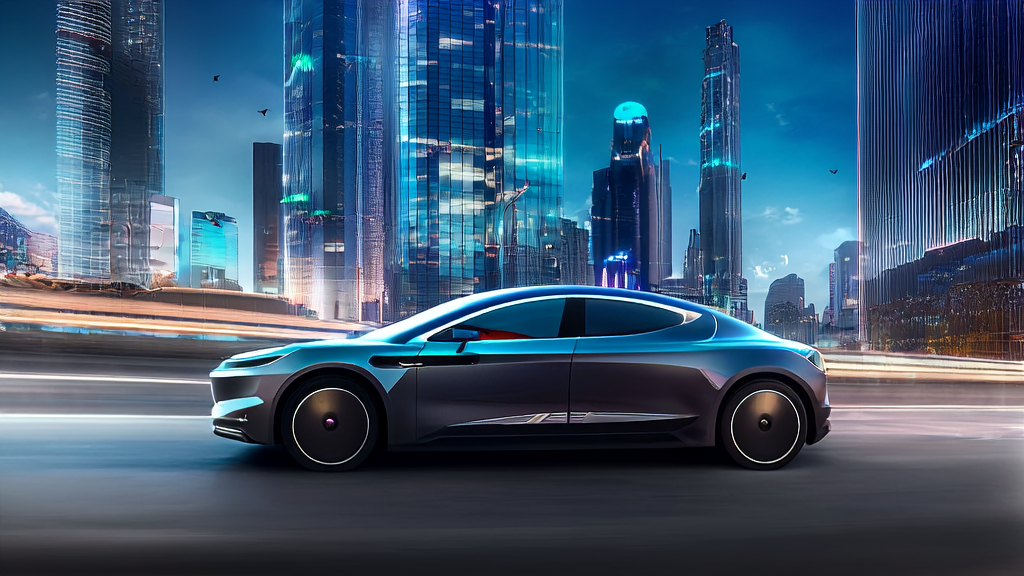 A Tesla Robotaxi in a futuristic city showcasing AI applications in B2B markets, including targeted advertising and intelligent email marketing.