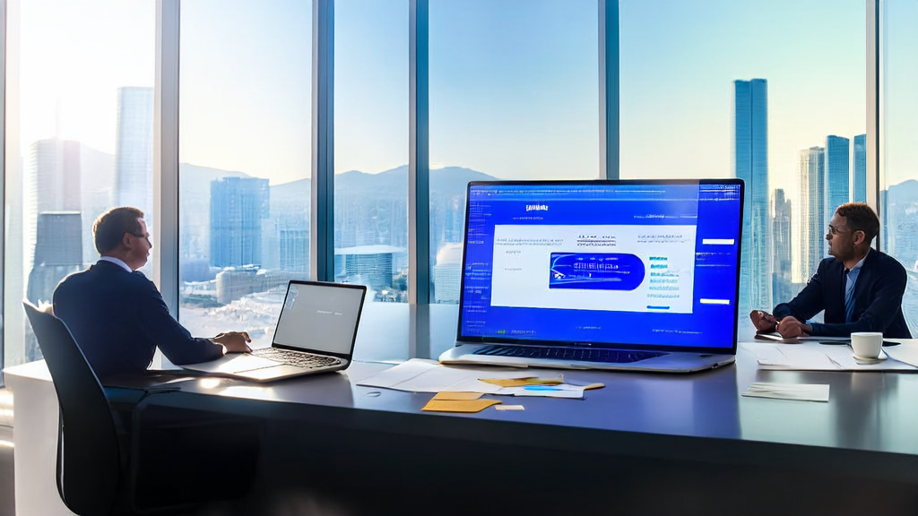 Modern office scene showcasing Doubao Phone Assistant's preview version, discussing the application prospects of AI technology in the B2B market