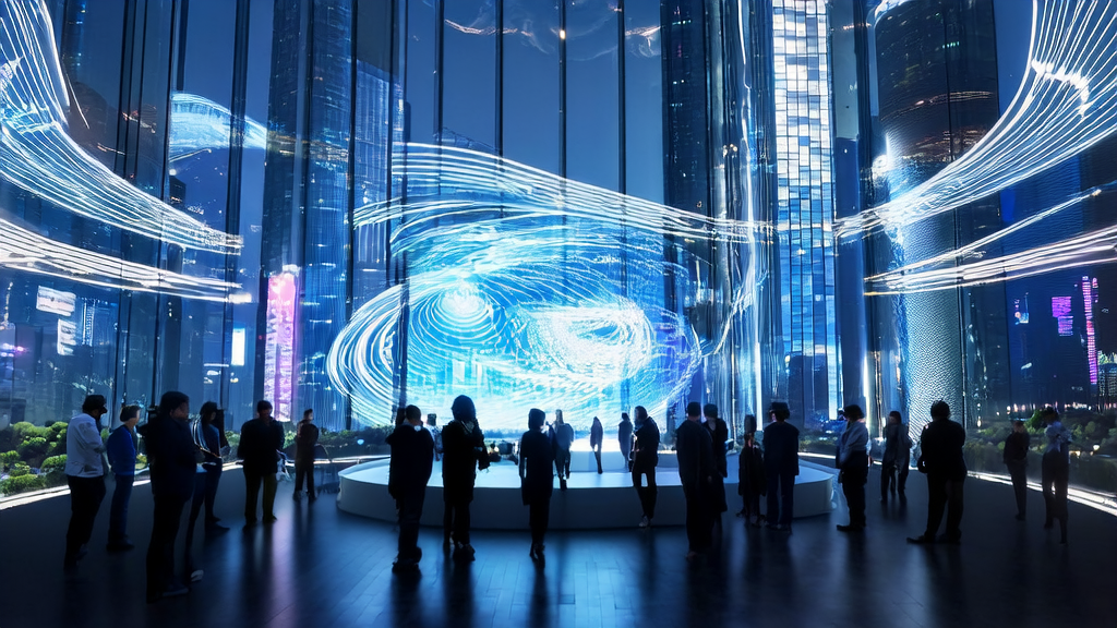 Corporate executives in a futuristic city discussing AI-driven client acquisition solutions, utilizing data from Meta AI and 8 major media collaborations for efficient customer targeting.