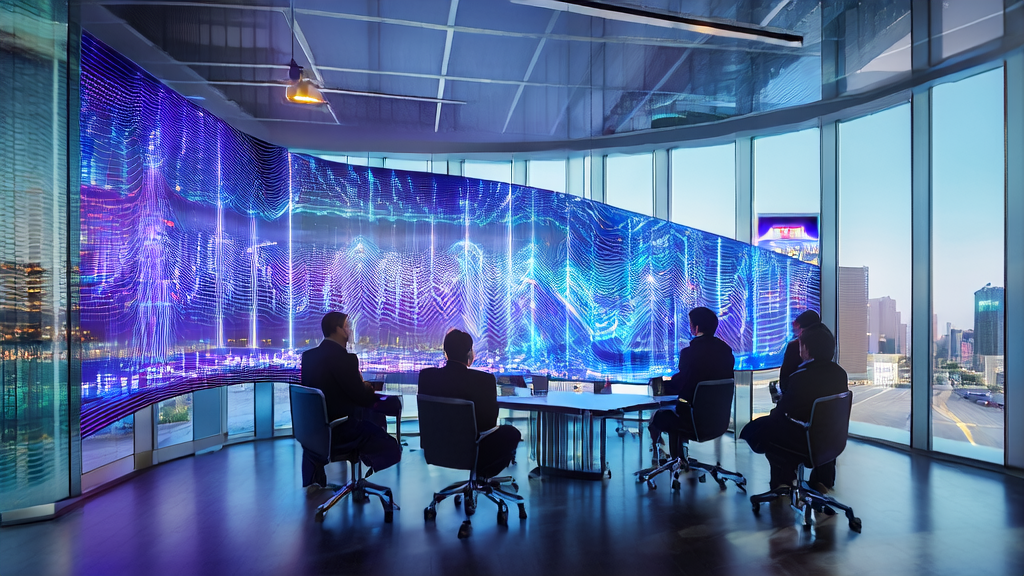 Technicians working around a large screen in a modern office building, showcasing the application of AI-driven client data acquisition and precise targeting